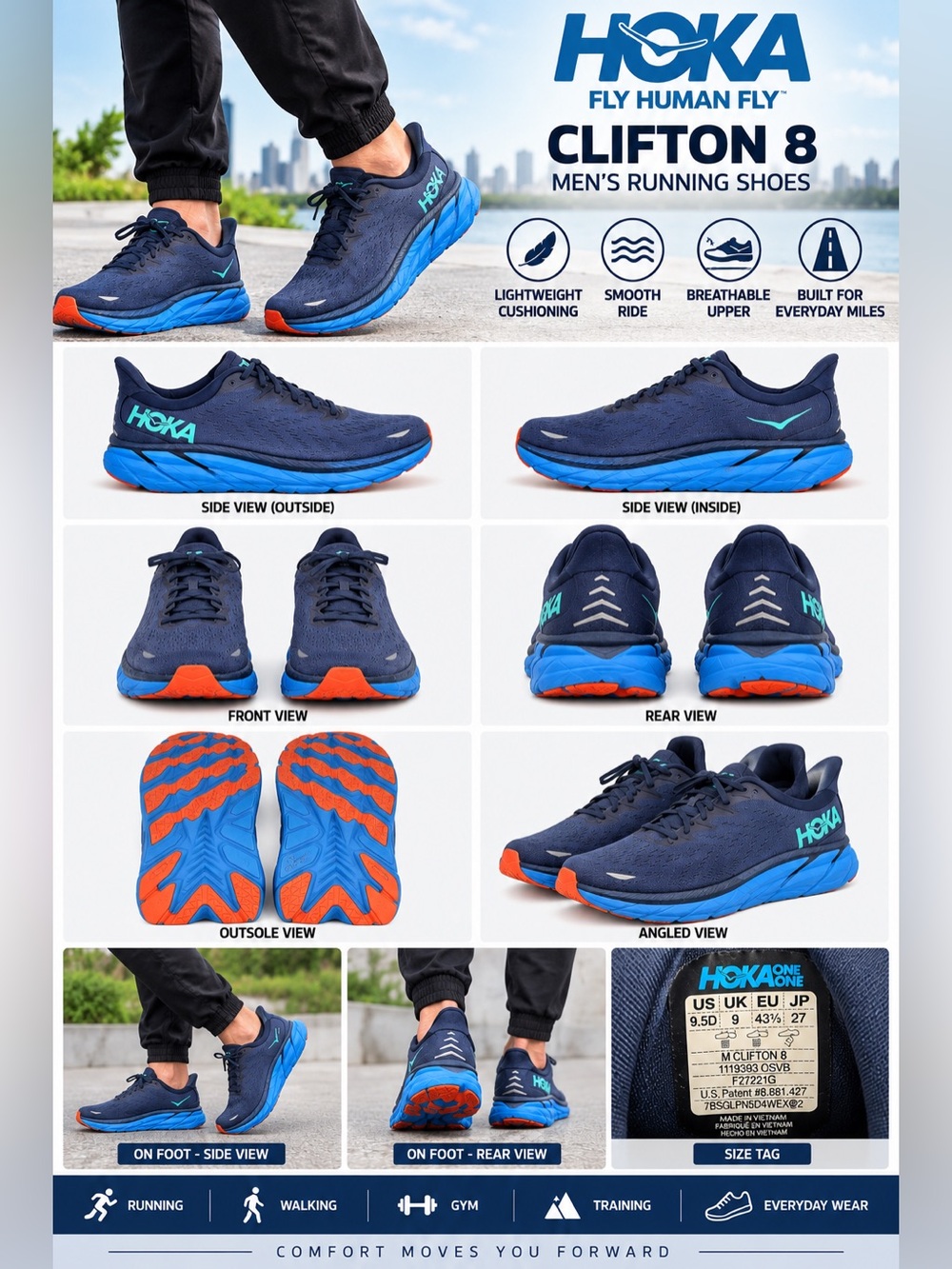 HOKA Clifton 8 Men’s 9.5 D Running Shoes Blue Orange 1119393 OSVB Athletic